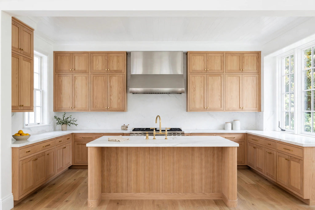 Hamptons White Oak Kitchen with Fluted Island