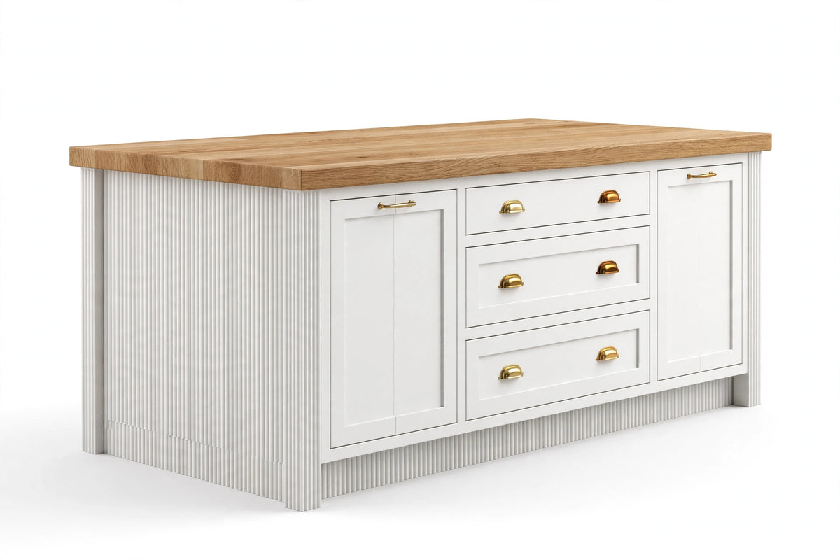 Hamptons Fluted Kitchen Island 2400mm - White Shaker with Solid Oak Top & Brass Handles | Custom Sizes Available