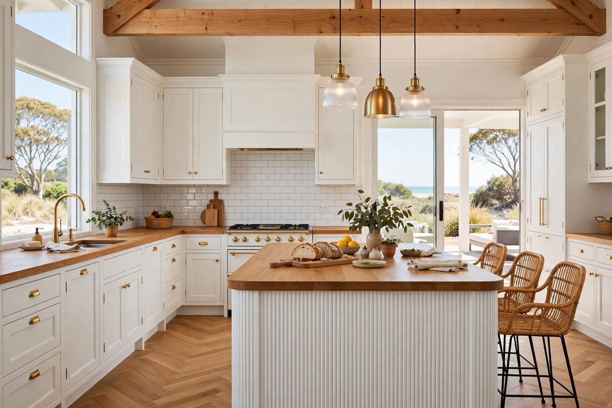Hamptons L-Shape Kitchen Package 4m + 3m + Fluted Island - Complete Cabinet Package - From $8500