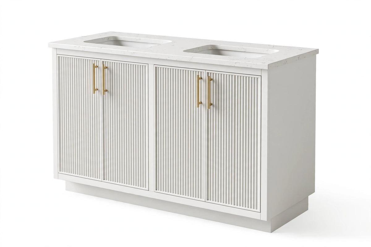 Hamptons Fluted Double Vanity 1500mm - White with Brass Handles