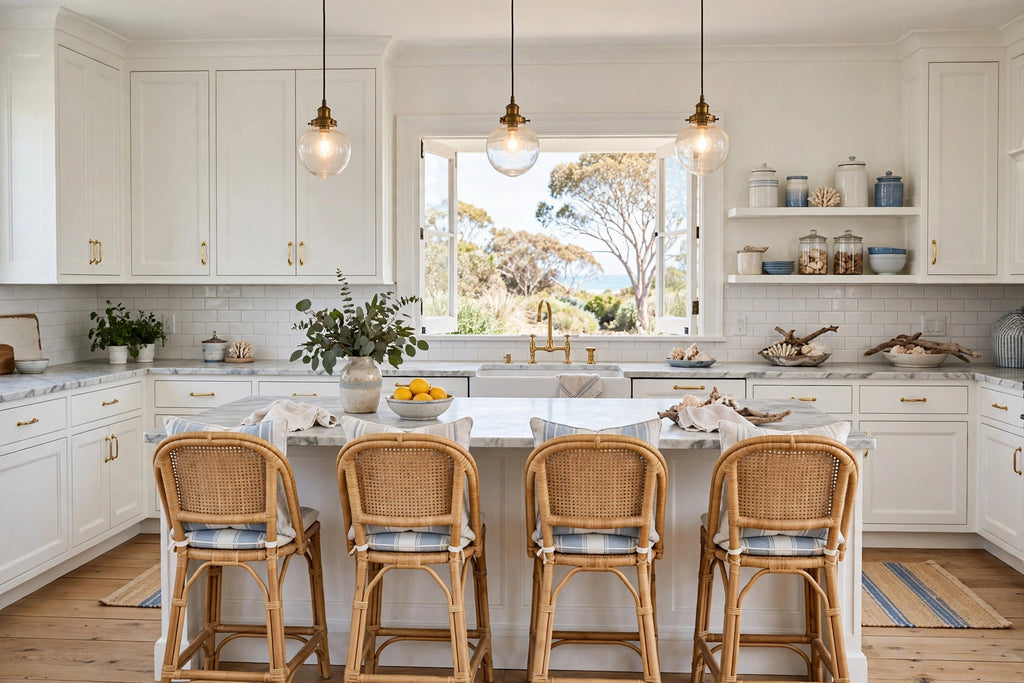 Hampton's Coastal Kitchen Package - White Shaker + Brass Handles - Flat Pack (Benchtop Not Included) From $5999