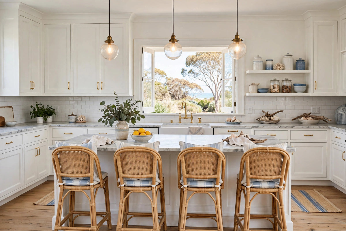Hampton's Coastal Kitchen Package - White Shaker + Brass Handles - Flat Pack (Benchtop Not Included) From $5999