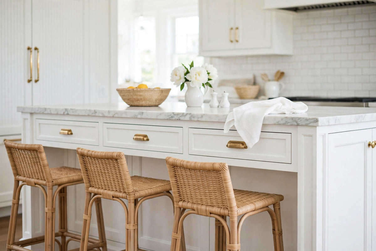 Hampton's Coastal Kitchen Package - White Shaker + Brass Handles - Flat Pack (Benchtop Not Included) From $5999
